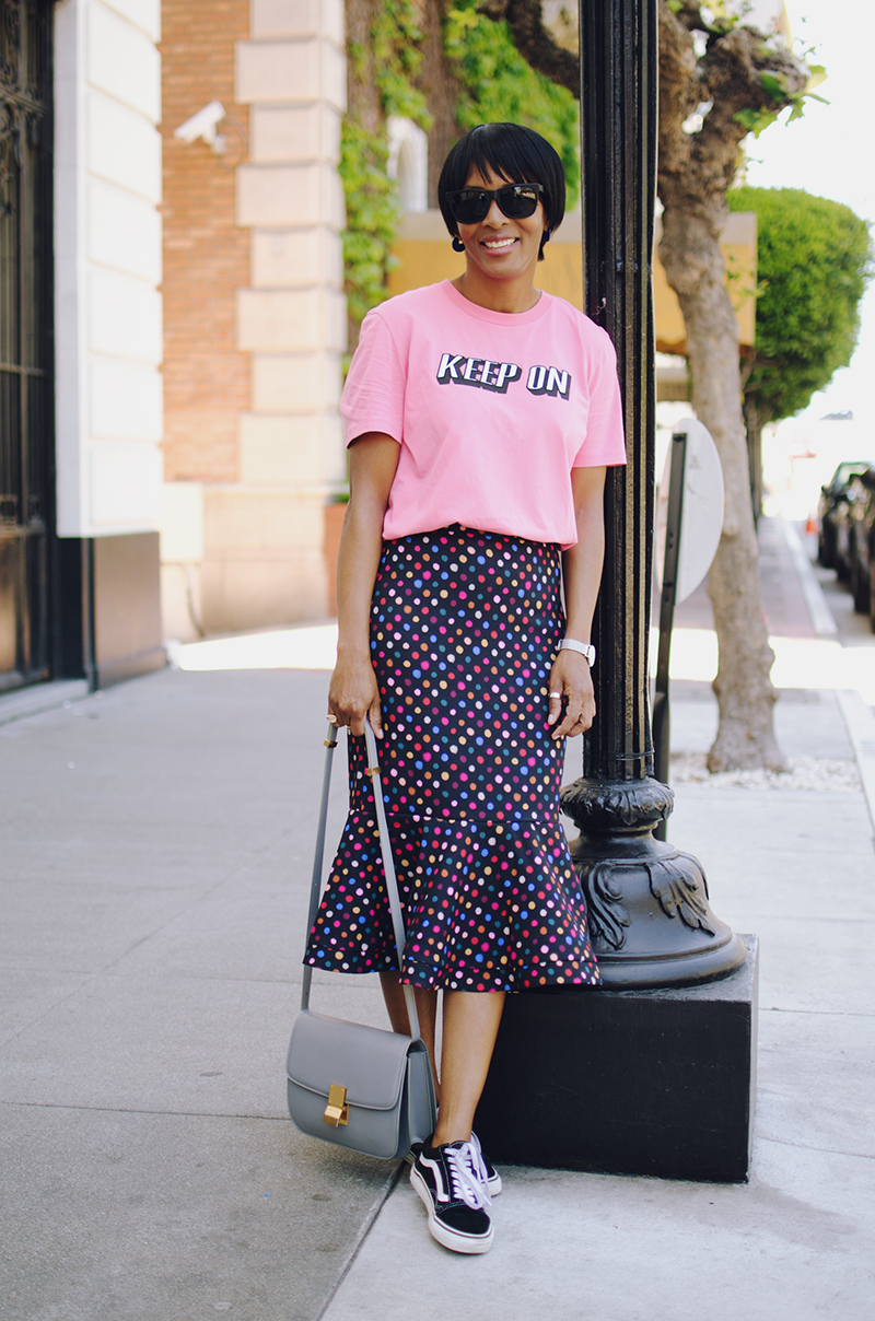 saloni multicolor polka dot skirt pink graphic t-shirt | j'adore couture