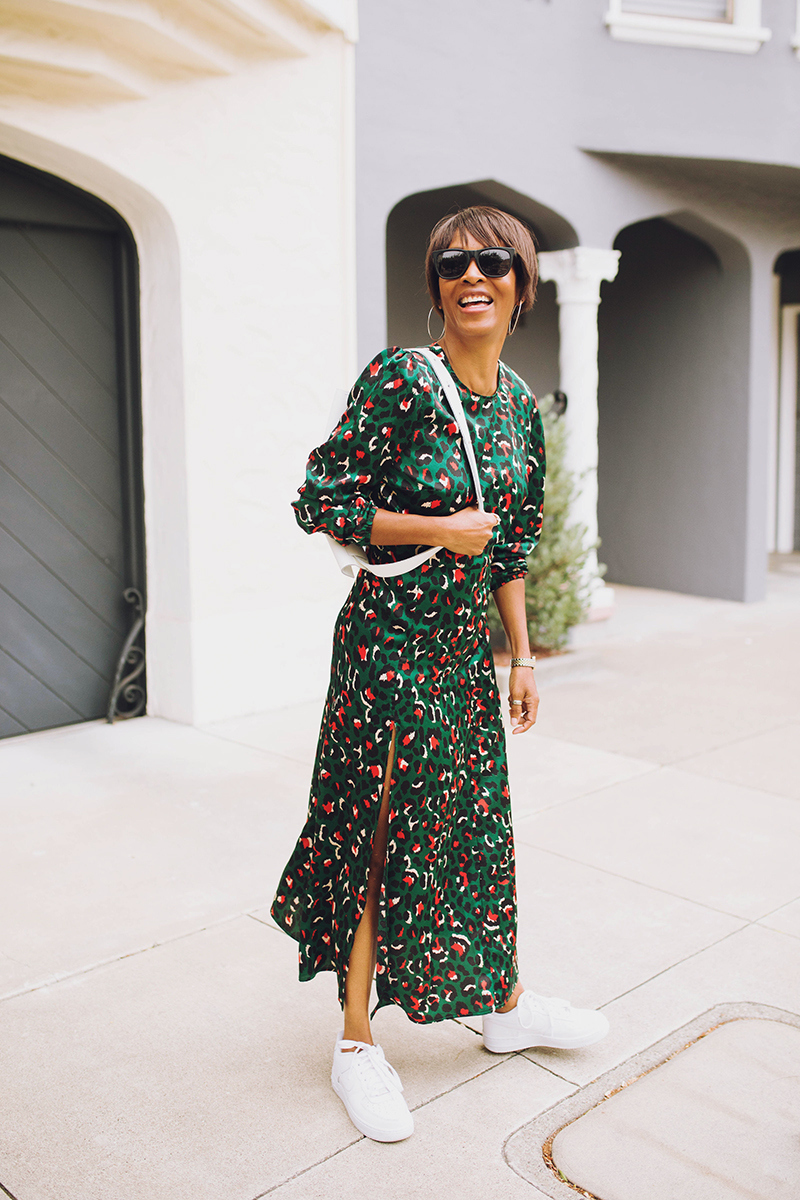green leopard maxi dress nike sneakers | j'adore couture
