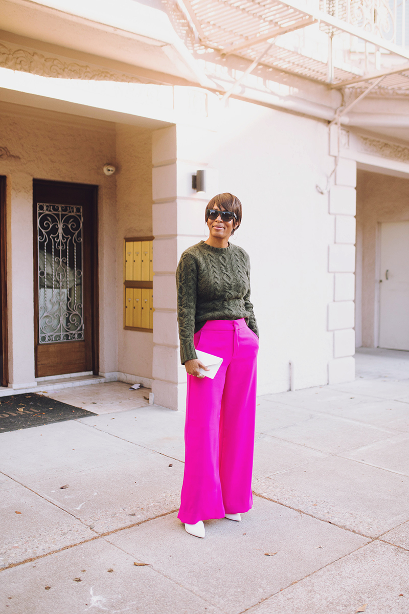 hot pink wide leg pant olive cable sweater